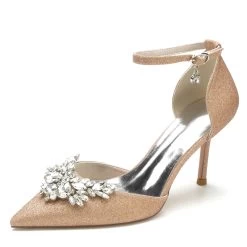 Rhinestone Butterfly Pointed Toe Ankle Strap Heel Pumps