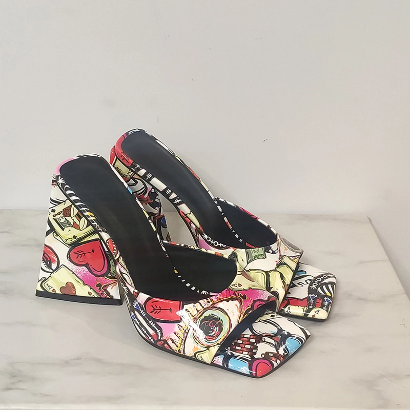 Graffti Slide Sandals Chunky Heels Summer Mules Shoes With Square Toe - Image 16