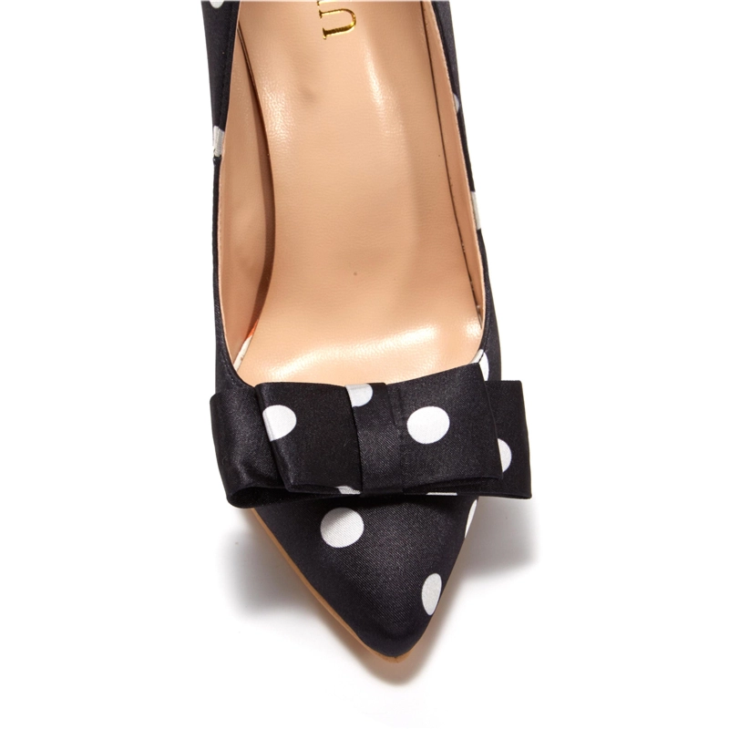 Black Satin Bow Heels Polk Dot Heeled Dress Shoes Pumps - Image 5