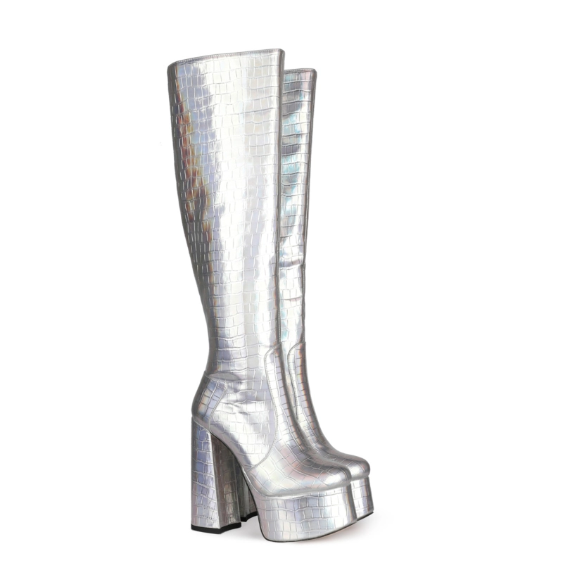 Woman Croc-effect Block Heels Platform Knee High Boots - Image 16