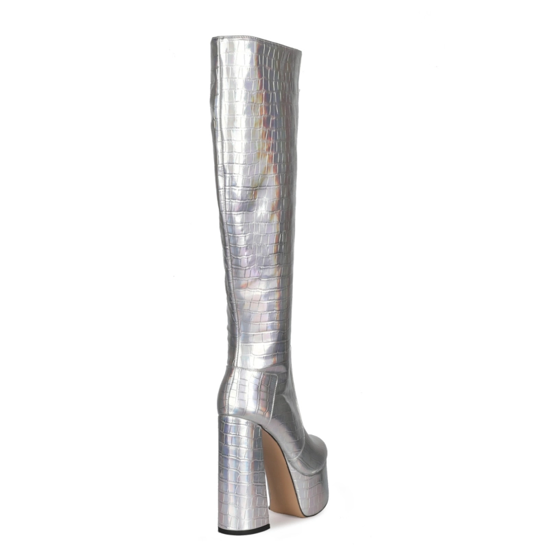 Woman Croc-effect Block Heels Platform Knee High Boots - Image 11
