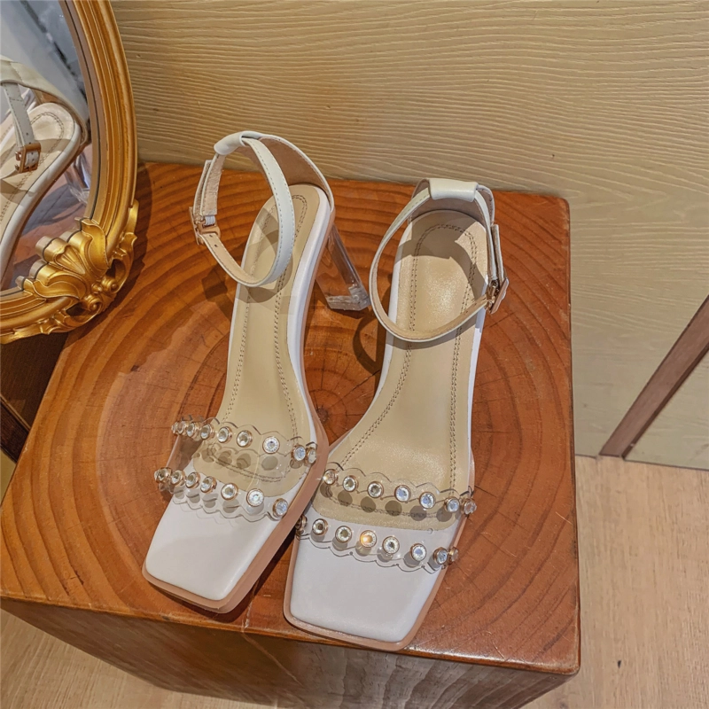 Ankle Strap Sequined Sandals Crystals Transparent Heel Wedding Sandals