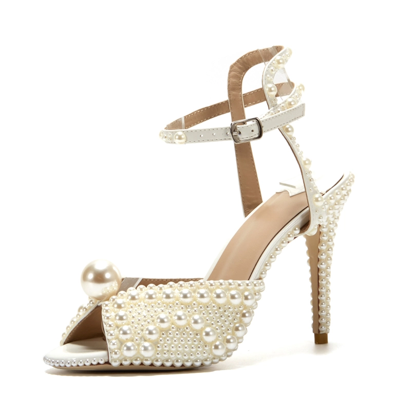 Beige Pearl Wedding Sandals Vintage Peep Toe Ankle Strap Stiletto Bridal Heels - Image 3