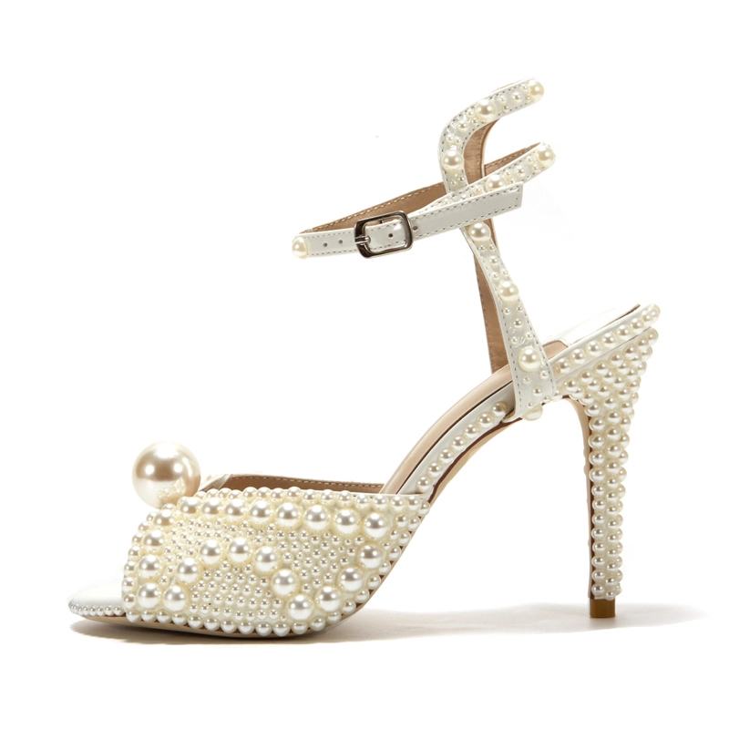 Beige Pearl Wedding Sandals Vintage Peep Toe Ankle Strap Stiletto Bridal Heels - Image 4