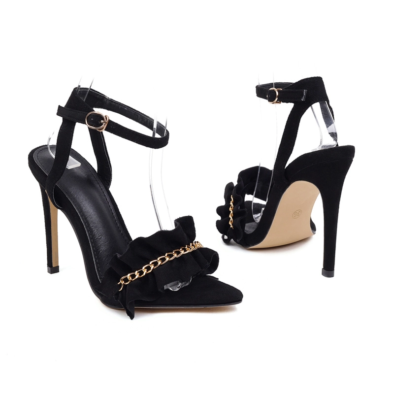 Black Chain Strappy Stiletto Sandals Ruffle Ankle Strap Buckle Shoes - Image 5