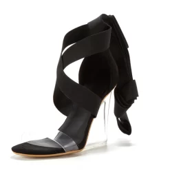 Black Lace Up Clear Wedge Heels Transparent Strappy Sandals