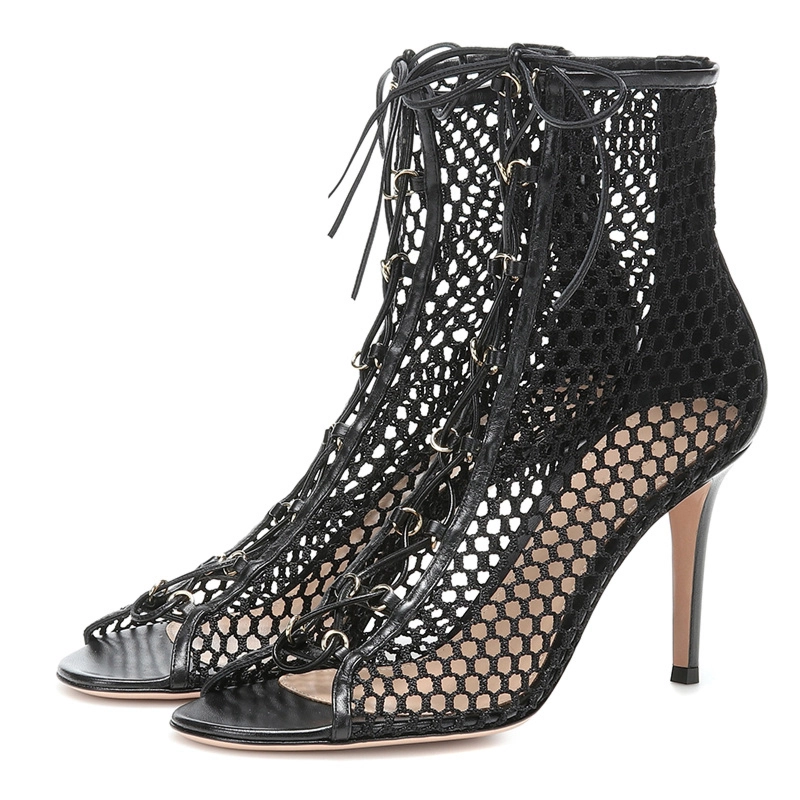 Black Lace Up Mesh Open Toe Party Boots Sandals High Heels - Image 5