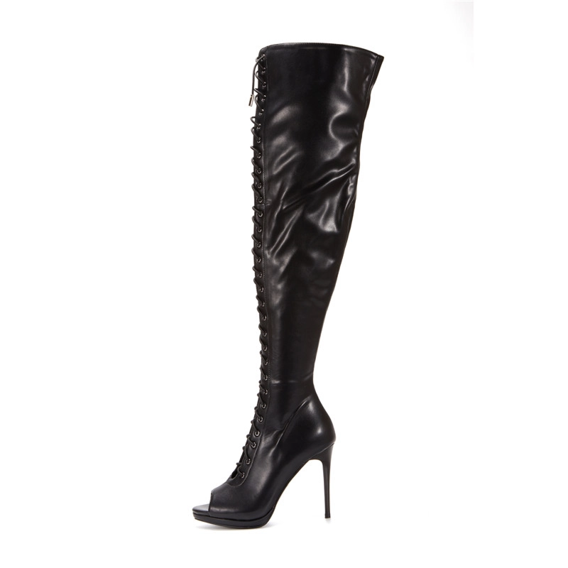 Black Peep Toe Boots Gothic Lace Up Stiletto Heel Over The Knee Boots - Image 2