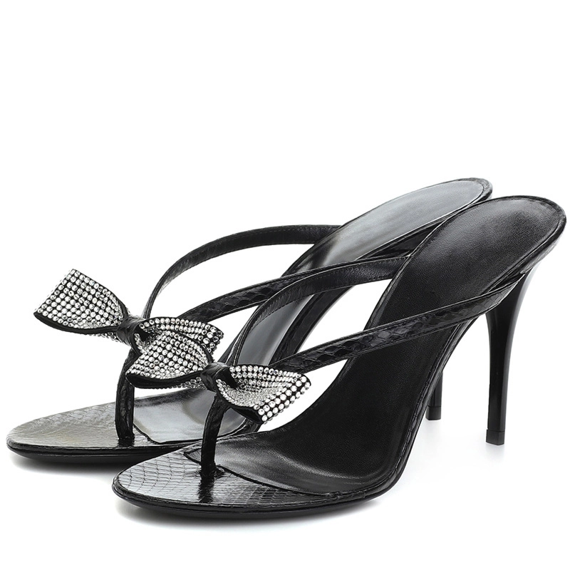 Black Rhinestones Bowknot Sandals Summer Strappy Stiletto Heels Slip On Flip Flops
