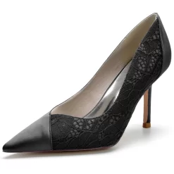 White Satin Pointed Toe Stiletto Heel Wedding Pumps With Lace -Ladies Fashion Shoes black satin pointed toe stiletto heel wedding pumps with lace 7 1.jpg.mst