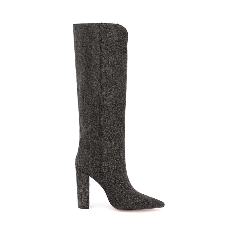 Denim V Cut Knee High Boots Pointed Toe Chunky Heels Long Boots - Image 19