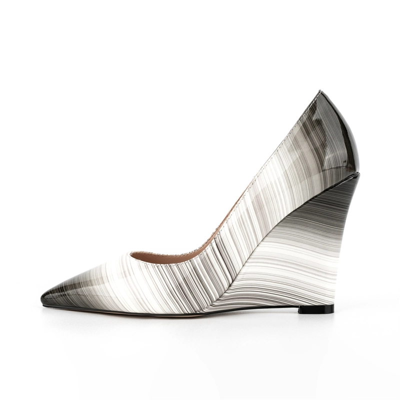 Black&White Gradient Wedges Shoes Stripe Pumps With Closed Toe - Image 3