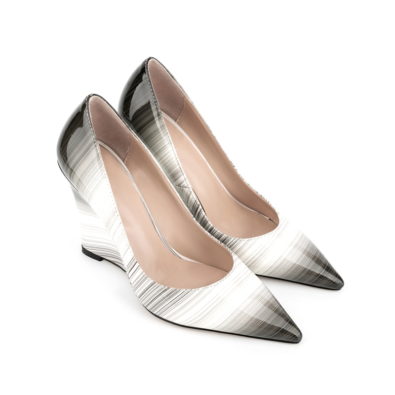 Black&White Gradient Wedges Shoes Stripe Pumps With Closed Toe - Image 9