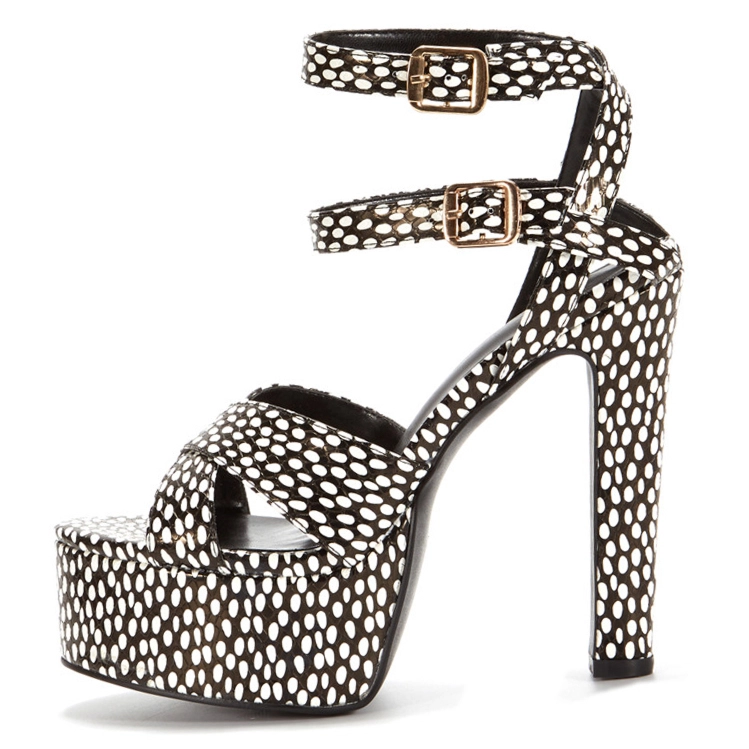 Black&White Polka Dot Chunky Heel Platform Sandals Double Strap Dress High Heels - Image 2