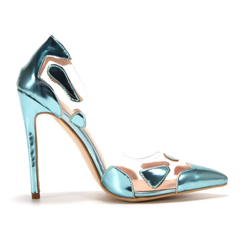 Blue Clear Metallic Pumps Transparent Slip On Stiletto Dress Shoes - Image 4