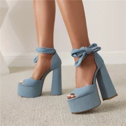 Blue Chunky Heel Platform Sandals Denim Jeans Lace-Up Sandals Shoes -Ladies Fashion Shoes blue denim heels platform sandals jeans lace up chunky heeled shoes 2 2.jpg.mst