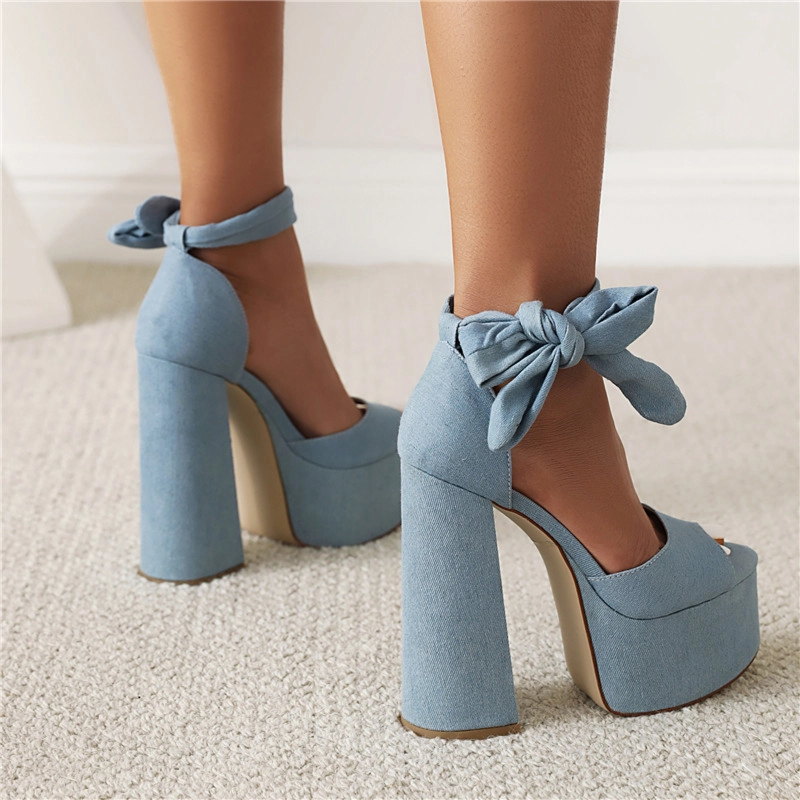 Blue Chunky Heel Platform Sandals Denim Jeans Lace-Up Sandals Shoes - Image 3
