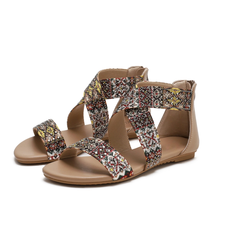 Bohemia Round Toe Studded Embelished Criss Cross Flats Zip Beach Sandals - Image 6