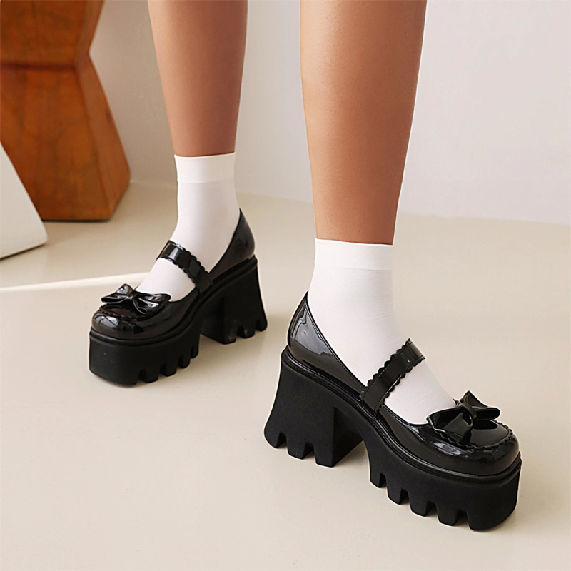 Bow Platform Mary Janes Chunky Heel Square Toe Pearl Buckle Gothic Pump - Image 8