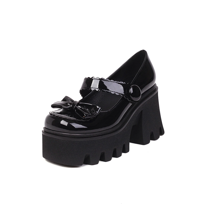 Bow Platform Mary Janes Chunky Heel Square Toe Pearl Buckle Gothic Pump