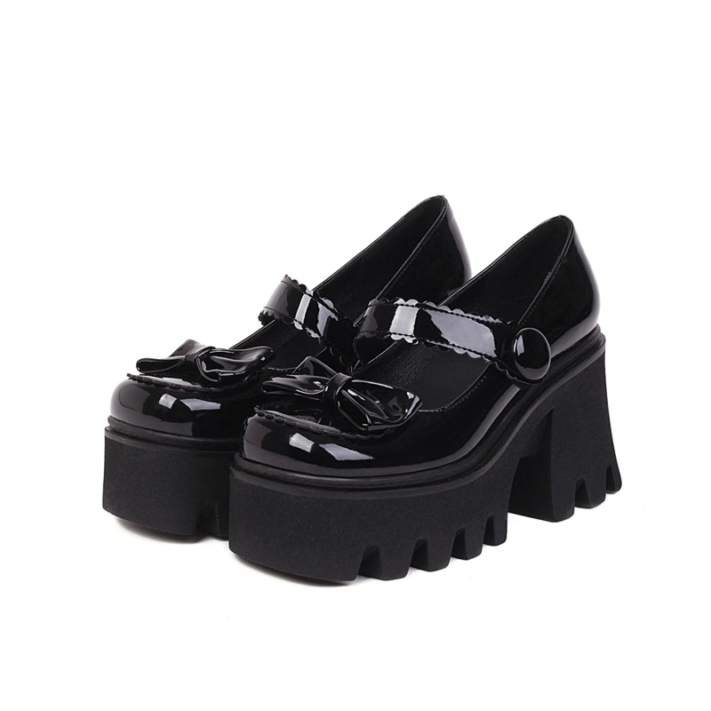 Bow Platform Mary Janes Chunky Heel Square Toe Pearl Buckle Gothic Pump - Image 10
