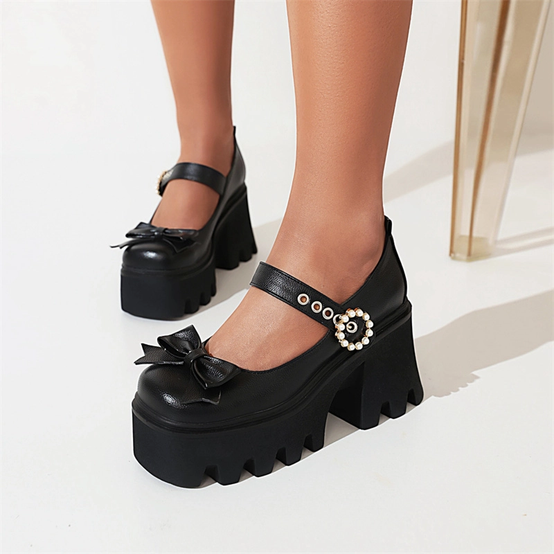 Bow Platform Mary Janes Chunky Heel Square Toe Pearl Buckle Gothic Pump - Image 12