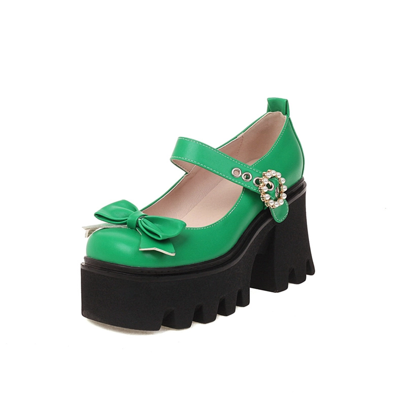 Bow Platform Mary Janes Chunky Heel Square Toe Pearl Buckle Gothic Pump - Image 19