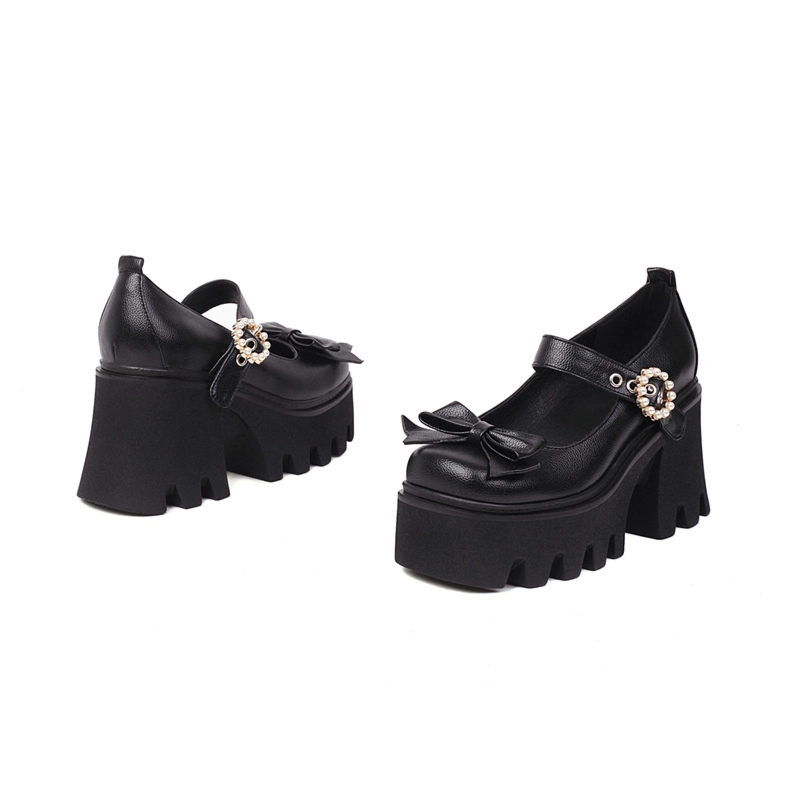 Bow Platform Mary Janes Chunky Heel Square Toe Pearl Buckle Gothic Pump - Image 18