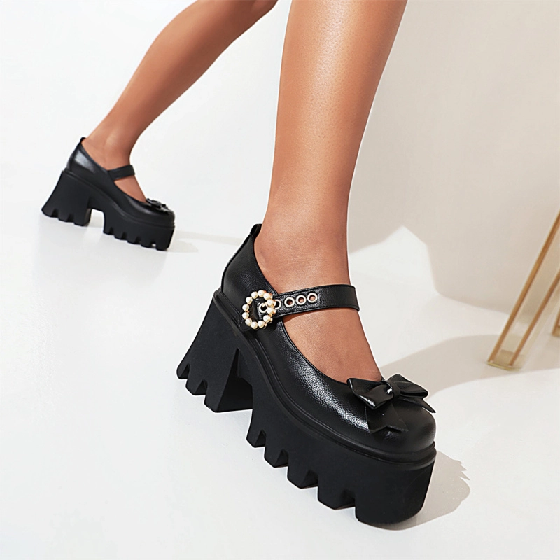 Bow Platform Mary Janes Chunky Heel Square Toe Pearl Buckle Gothic Pump - Image 15