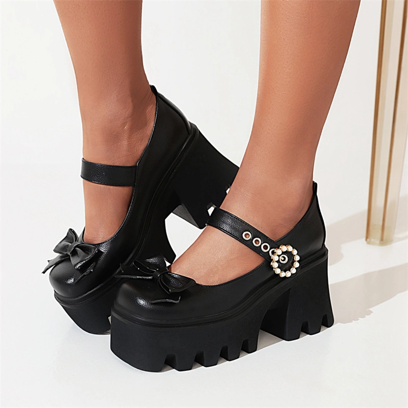 Bow Platform Mary Janes Chunky Heel Square Toe Pearl Buckle Gothic Pump - Image 16