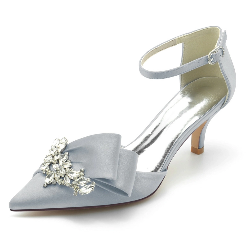 Bridal Satin Rhinestones Kitten Heels Ankle Strap Pumps - Image 10