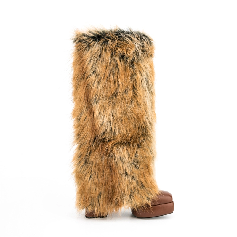 Brown Faux Fur Platform Boots Square Toe Knee High Boots Chunky Heels Fold-over Boots 8 Brown Faux Fur Platform Boots Square Toe Knee High Boots Chunky Heels Fold-over Boots - Image 6