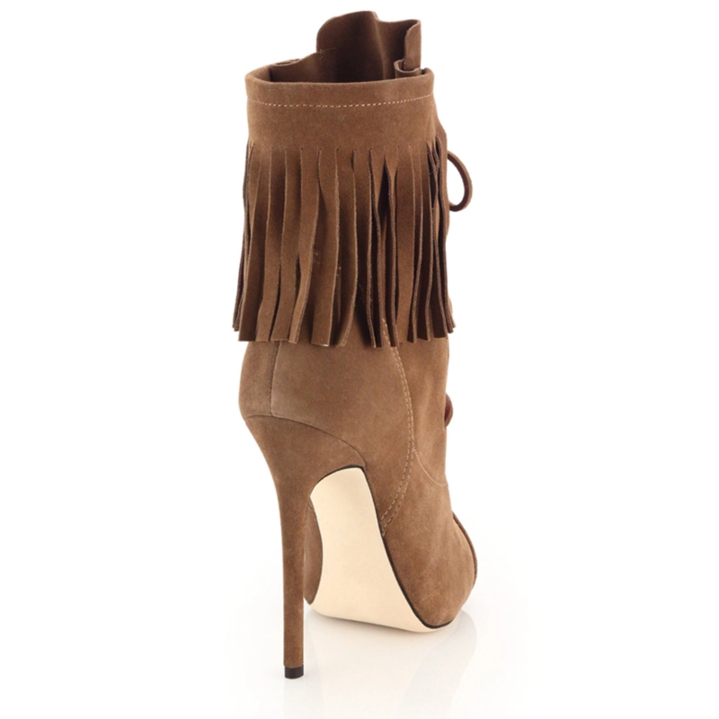 Brown Peep Toe Fringes Lace Up Ankle Boots Sandals Stiletto Heels - Image 3