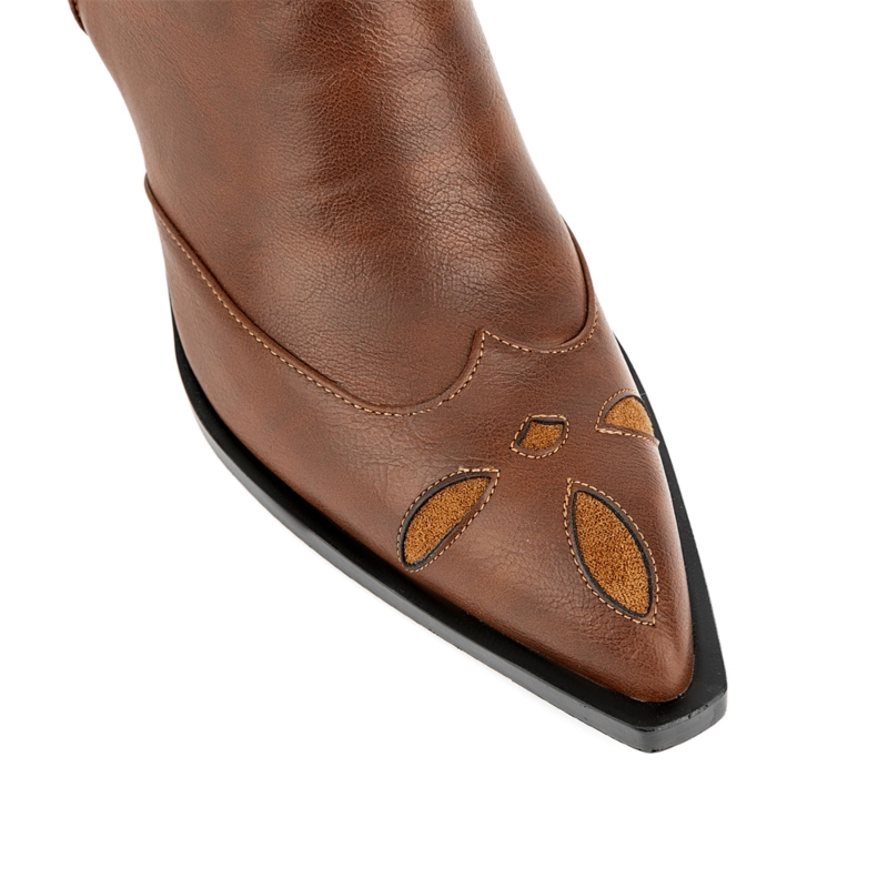 Brown Vintage Western Cowboy Boots Block Heel V Cut Out Knee High Booties 5 Brown Vintage Western Cowboy Boots Block Heel V Cut Out Knee High Booties - Image 3