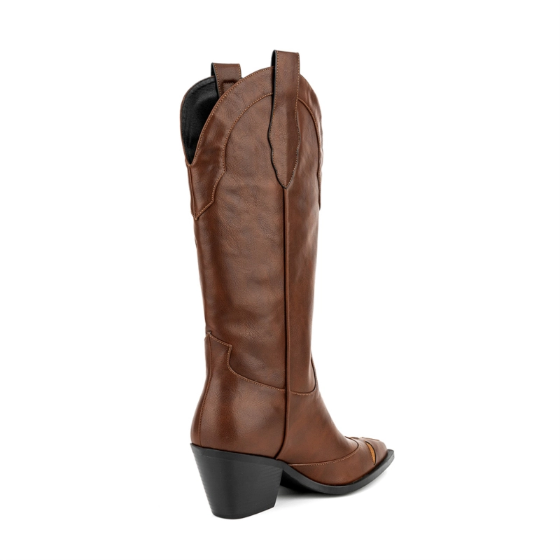 Brown Vintage Western Cowboy Boots Block Heel V Cut Out Knee High Booties 10 Brown Vintage Western Cowboy Boots Block Heel V Cut Out Knee High Booties - Image 8