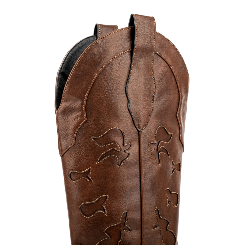 Brown Vintage Western Cowboy Boots Block Heel V Cut Out Knee High Booties 6 Brown Vintage Western Cowboy Boots Block Heel V Cut Out Knee High Booties - Image 4