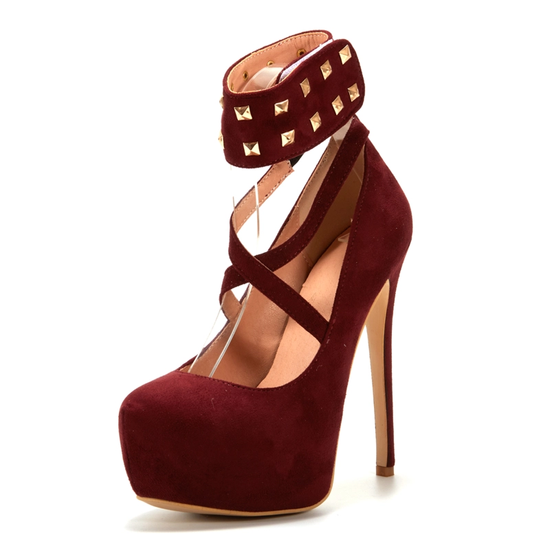Burgundy Rivet Platform Pumps Stiletto Heels Criss Cross Ankle Strap Dress Shoes 3 Burgundy Rivet Platform Pumps Stiletto Heels Criss Cross Ankle Strap Dress Shoes