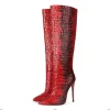 Red Patent Leather Snake Embossed High Heel Knee High Boots