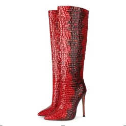 Red Patent Leather Snake Embossed High Heel Knee High Boots