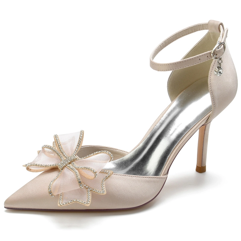 Champagne Satin Wedding Shoes Ankle Strap Pointed Toe Stiletto Pumps With Bow