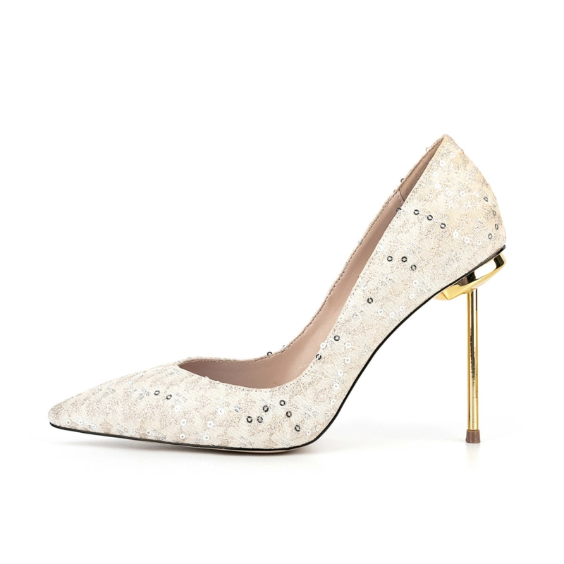 Champagne Sequin Stiletto Pumps Tweed Glitter High Heels - Image 2