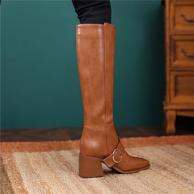 Fashion Chunky Low Heel Knee High Boots Buckle Square Toe Zip Riding Boots - Image 8