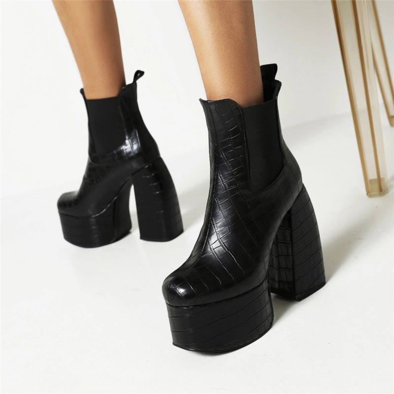 Chunky Heel Ankle Boots Platform Chelsea Boots In Black - Image 9