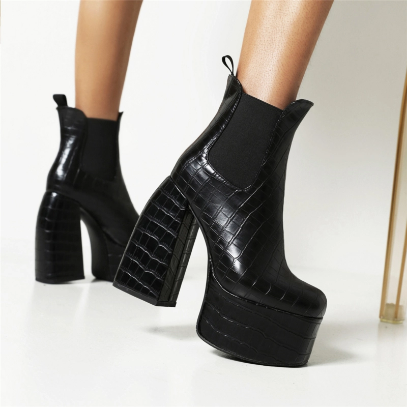 Chunky Heel Ankle Boots Platform Chelsea Boots In Black - Image 4