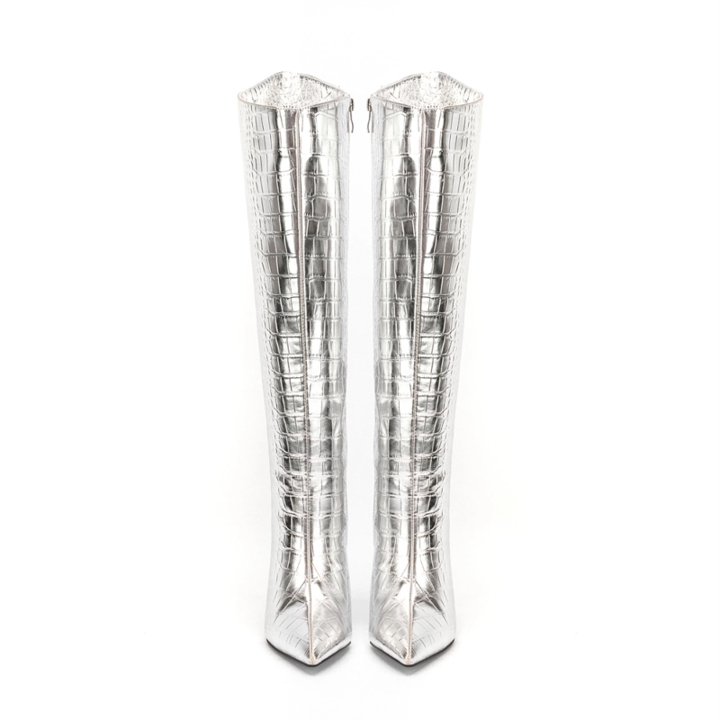 Crocodile Printed Stiletto Heel Pointed Toe Tall Boots Wide Calf Knee High Booties - Image 13