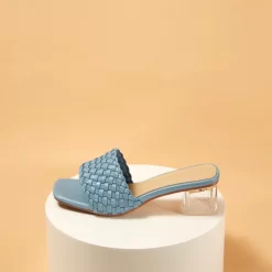 Cute Woven Clear Chunky Heel Slide Sandals -Ladies Fashion Shoes cute woven clear chunky heel slide sandals 3 2.jpg.mst