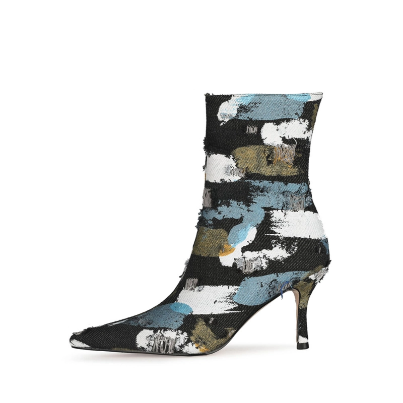 Denim Multicolors Pointed Toe Stiletto Ankle Boots With Zipper