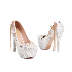 Women's White Pearls Rhinestone Platform Heels Wedding Pumps