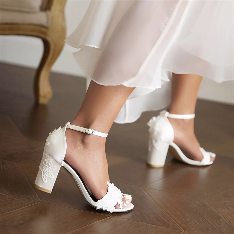 White Satin Embroidered Lace Wedding Sandals Flower Chunky Heel Bridal Shoes 4 White Satin Embroidered Lace Wedding Sandals Flower Chunky Heel Bridal Shoes - Image 2