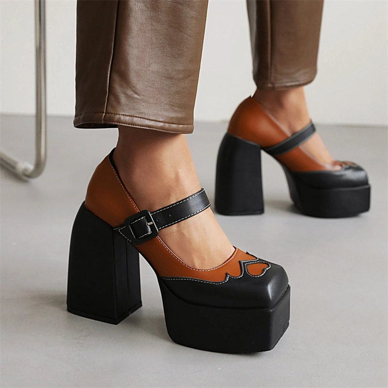 Double Colors Mary Janes Chunky High Heels Platform Heart Shape Buckle Heels - Image 6
